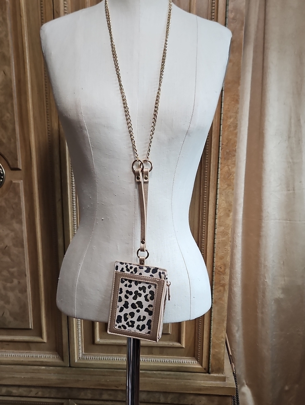 Chico's Gold Leather And Leopard Print Crossbody Cardholder with Gold Chain.